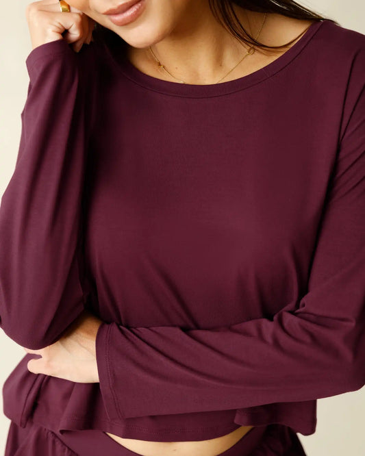 Aria Bamboo Casual Cropped Long Sleeve Top | Deep Burgundy