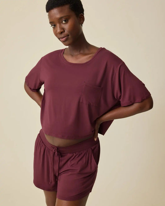 Aria Bamboo Casual Cropped Short Sleeve Top | Deep Burgundy