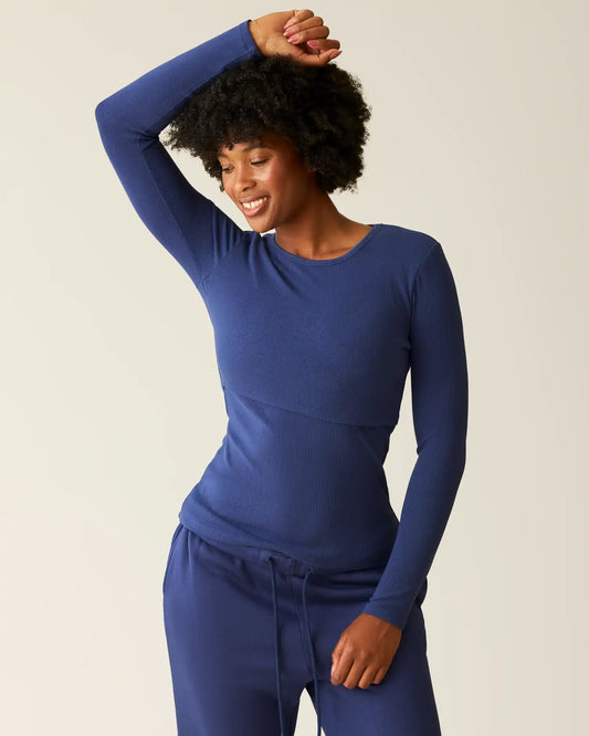 Ribbed Bamboo Long Sleeve Nursing T-shirt | Deep Blue