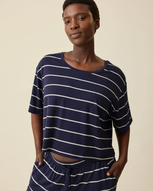 Aria Bamboo Casual Cropped Short Sleeve Top | Navy & White Stripe