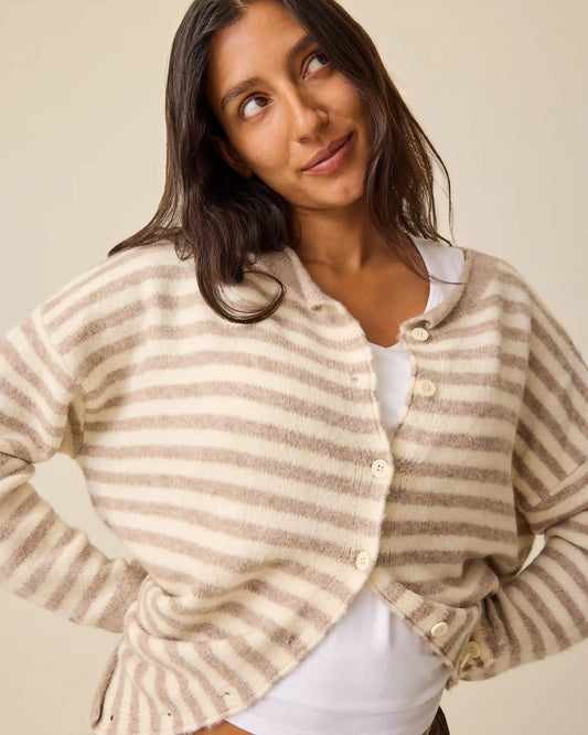 Ultra Soft Maternity & Postpartum Cardigan | Tan & White Stripe