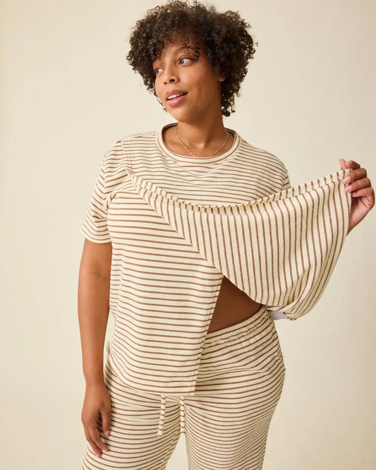 Luxe Terry Maternity & Nursing Split Hem T-shirt | Ivory & Chocolate Stripe