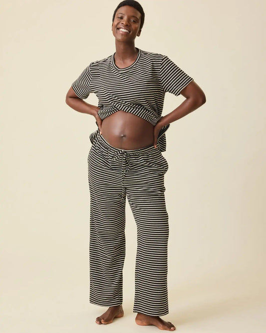 Luxe Terry Maternity & Postpartum Pant | Black & Ivory Stripe