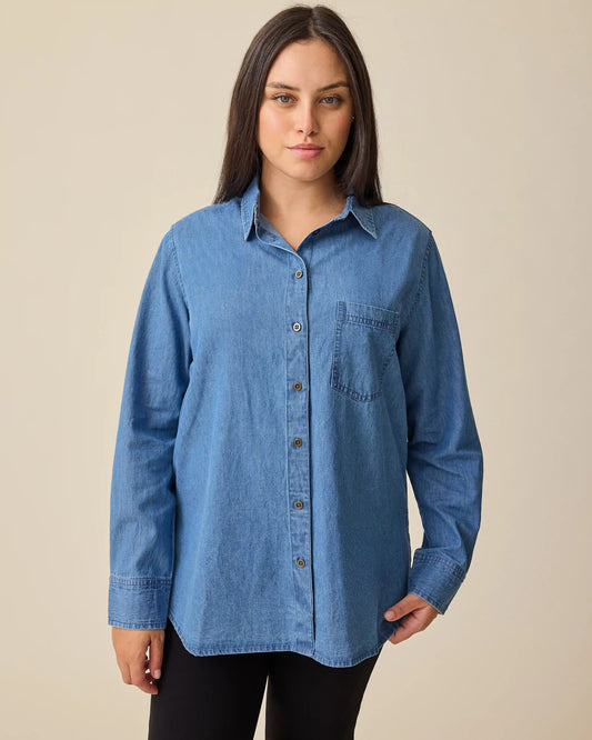 Denim Maternity & Nursing Button Up Shirt | Medium Wash
