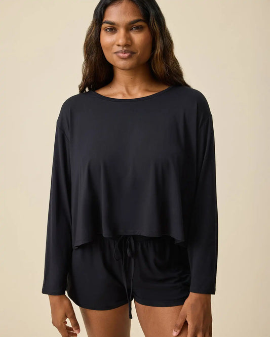 Aria Bamboo Casual Cropped Long Sleeve Top | Black