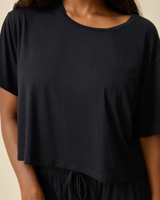 Aria Bamboo Casual Cropped Short Sleeve Top | Black