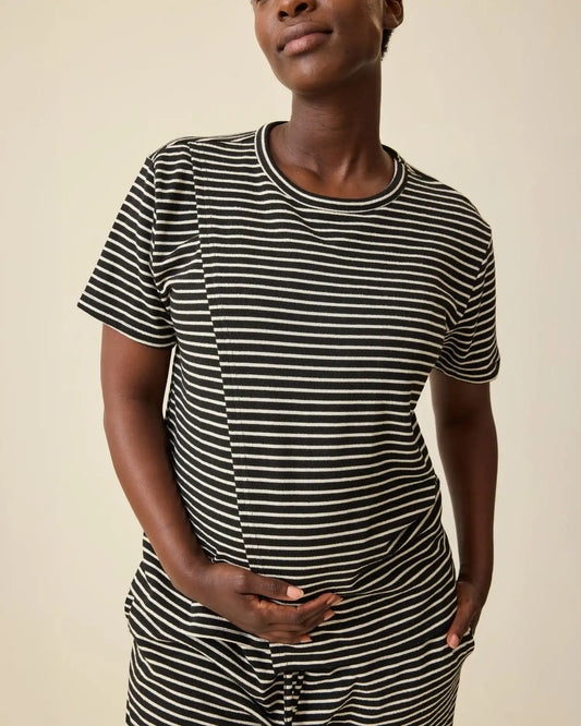 Luxe Terry Maternity & Nursing Split Hem T-shirt | Black & Ivory Stripe
