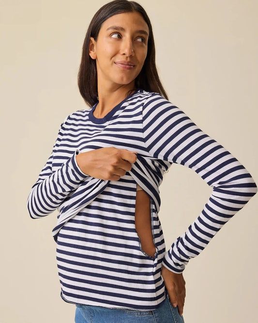 Modal Long Sleeve Nursing T-shirt | Navy & White Stripe