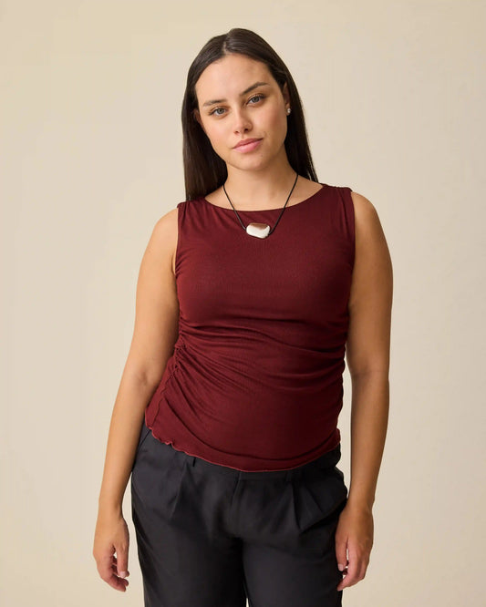 Ruched Maternity Sleeveless Top | Burgundy