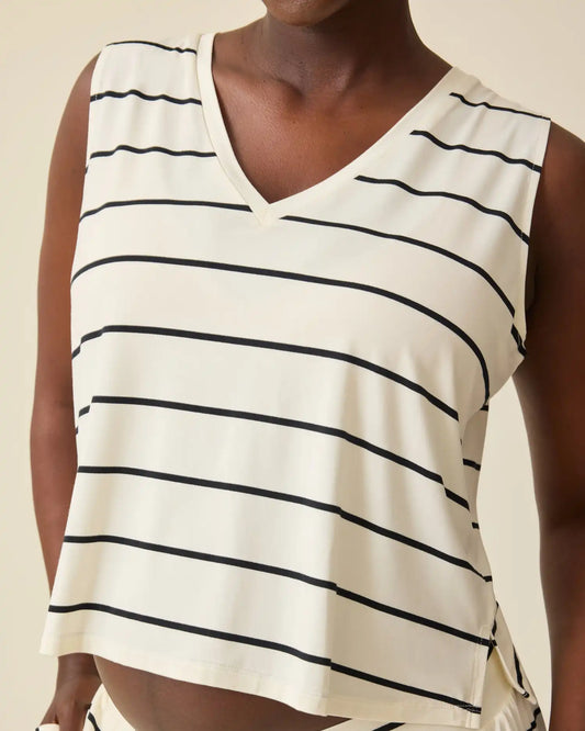 Aria Bamboo Cropped V-neck Tank | White & Black Stripe