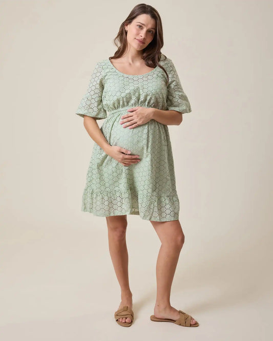 Dahlia Eyelet Maternity & Nursing Dress | Aqua Mist