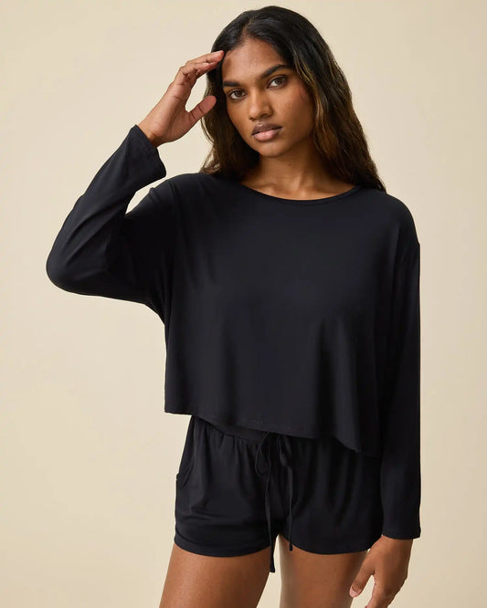 Aria Bamboo Casual Cropped Long Sleeve Top | Black