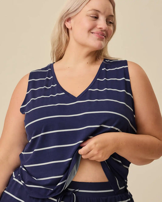 Aria Bamboo Cropped V-neck Tank | Navy & White Stripe