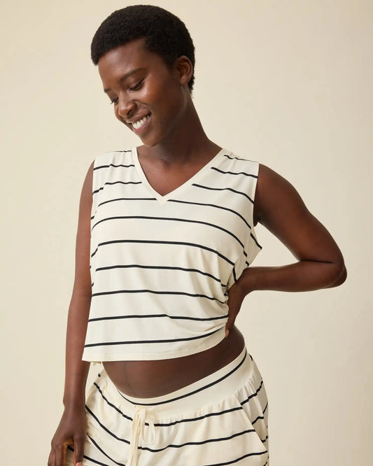 Aria Bamboo Cropped V-neck Tank | White & Black Stripe
