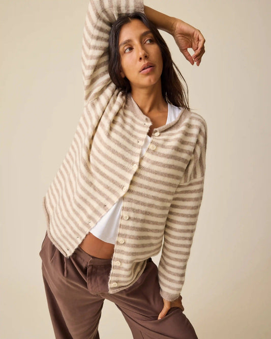 Ultra Soft Maternity & Postpartum Cardigan | Tan & White Stripe