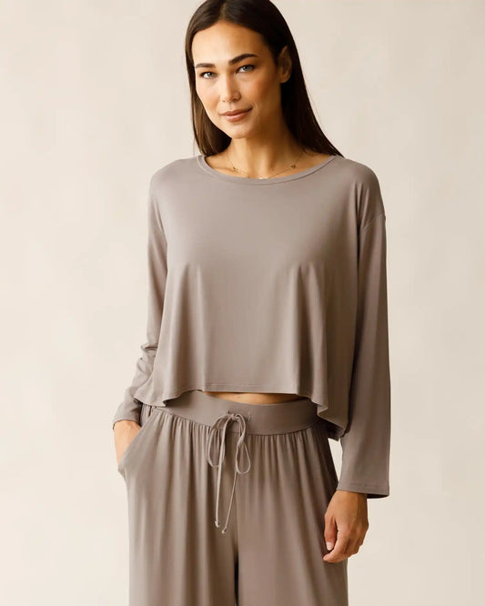 Aria Bamboo Casual Cropped Long Sleeve Top | Taupe